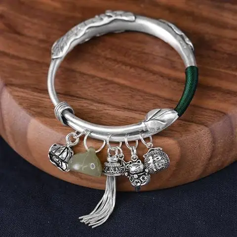 

Silver Bracelet Women's Sterling Silver Ethnic Style Personality Retro Tassel Carp Lotus Beeswax Handmade Ancient Style Silver B