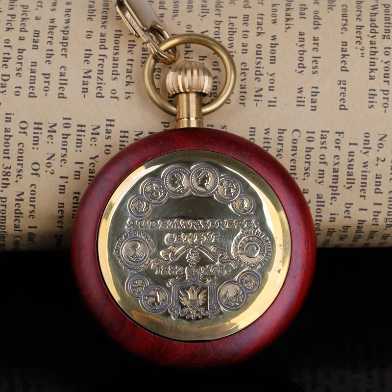 Vintage Mechanical Pocket Watch Wooden Roman Numerals Creative Carving Luxury Wood Watches Pendant Chain PJX005