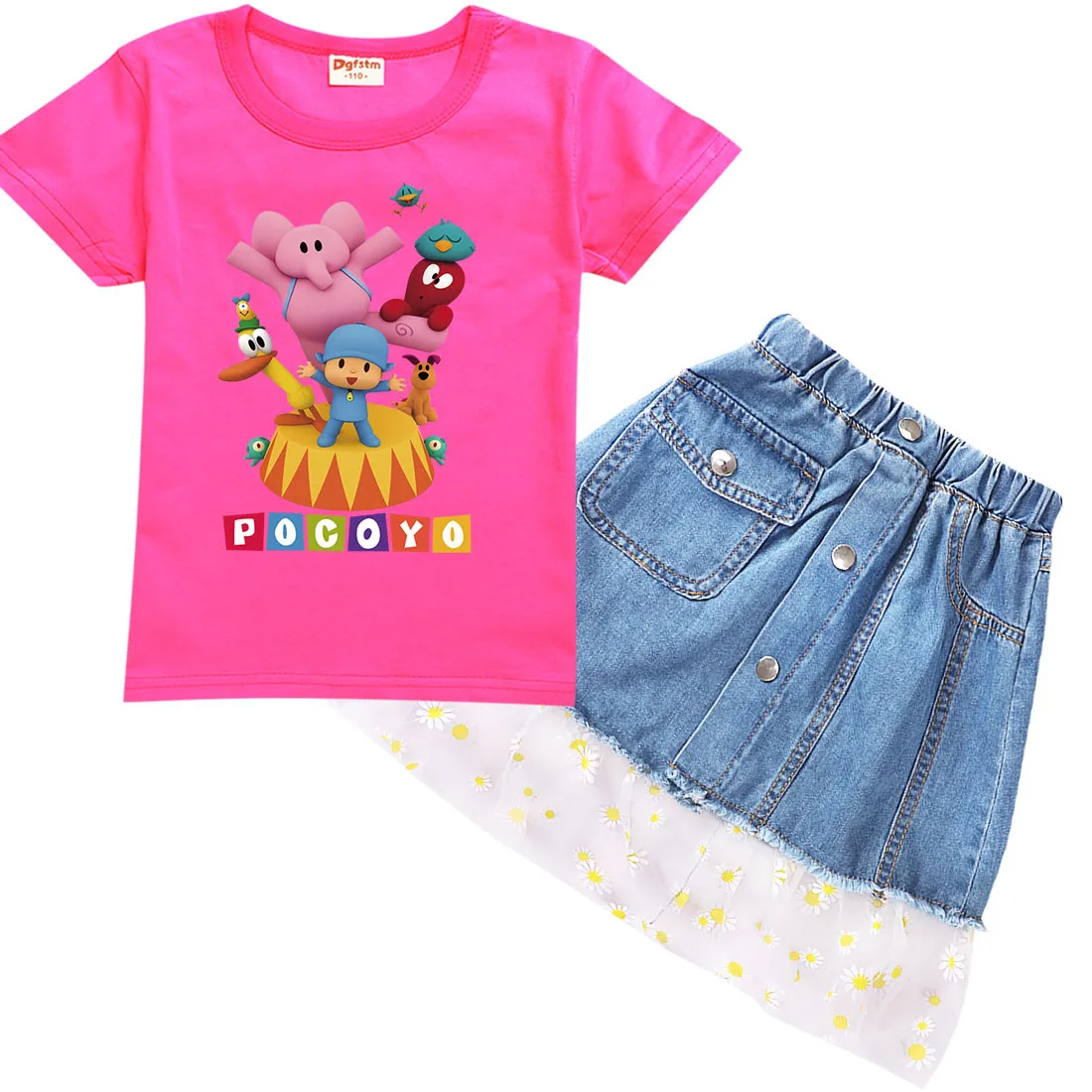 Футболка с коротким рукавом и джинсовая юбка для девочек|Костюмы девочек| |
