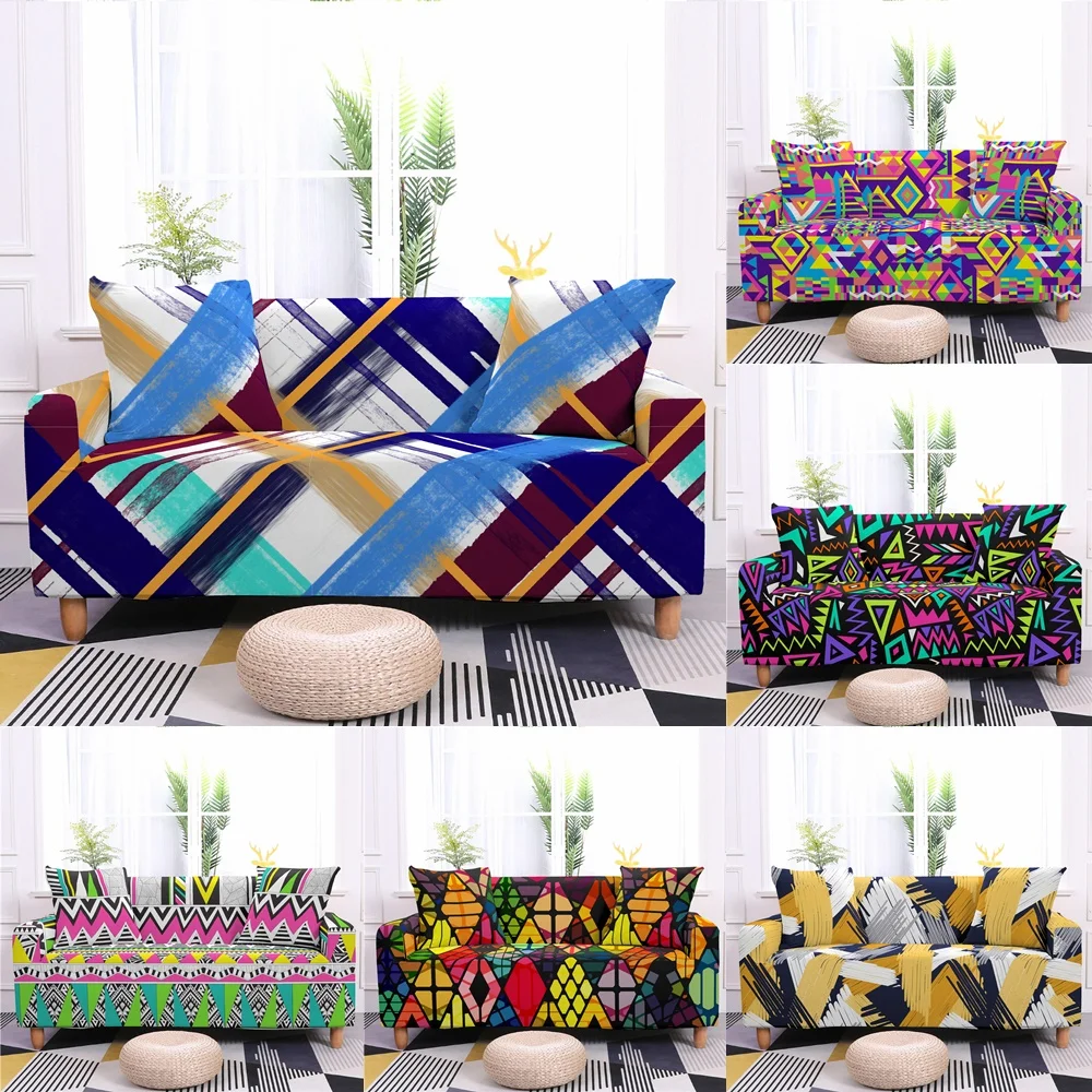 

Colorful Gouache Stretch Sofa Covers For Living Room Geometry Elastic Slipcover Armchair Sectional Corner Couch Covers 1-4Seater