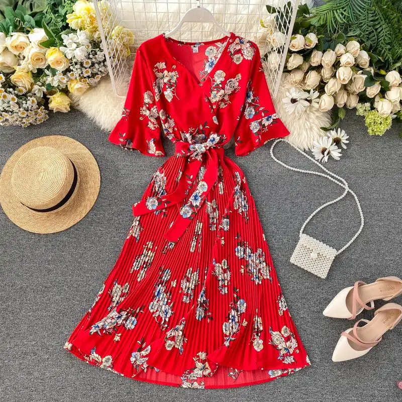 Boho 2021 V образным вырезом Цветочный принт летнее Бандажное платье миди длинные