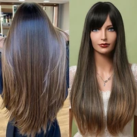 alan eaton long straight synthetic hair wigs for women ombre black dark brown cosplay daily party heat resistant wigs with bangs