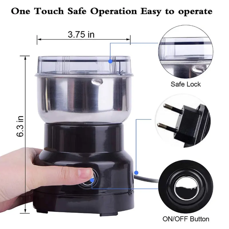 

HOT-Electric Coffee Spice Grinder Stainless Steel Blades Coffee Mill Grinder for Coffee Bean Nut Spices Grain Black EU Plug