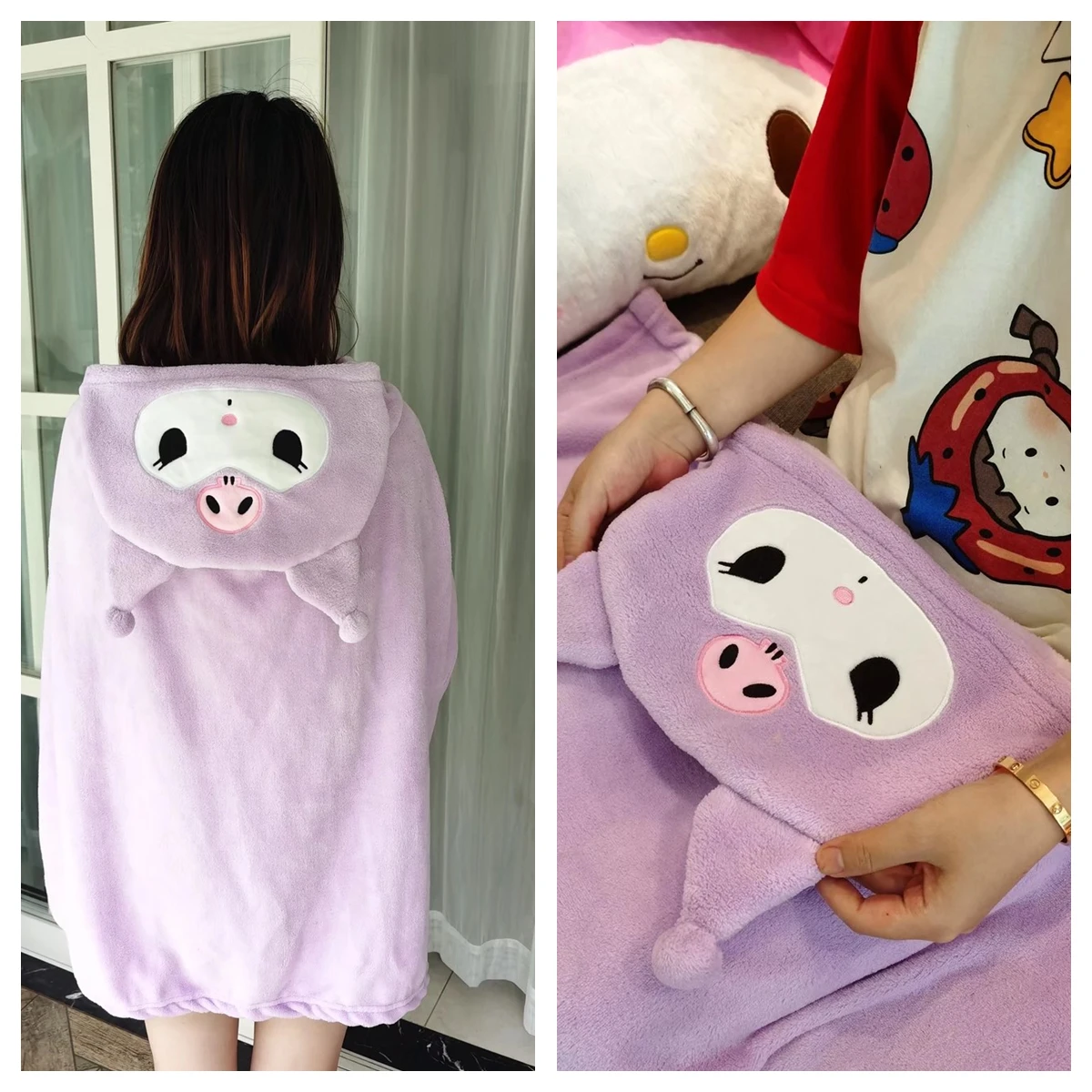 Anime Cloak Japanese Style Hooded Blanket Warm Single Size Blanket Cosplay Winter Spring Autumn Flannel Gifts for Girl Kids Pink