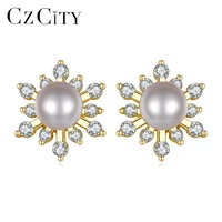 czcity natural pearl 925 sterling silver sun flower stud earrings for women charming post earring engagement jewelry gift fe0256
