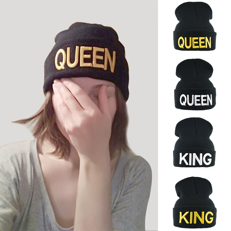 Зимние вязаные шапки для женщин, шапки с надписью KING QUEEN, шапка в стиле хип-хоп для девушек, осенняя женская теплая бини, Повседневная шапка