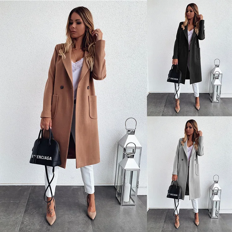 

Autumn And Winter Solid Color Long Sleeve Coat Jackes Women Casual Double Pocket Collar Woolen Coat For Women