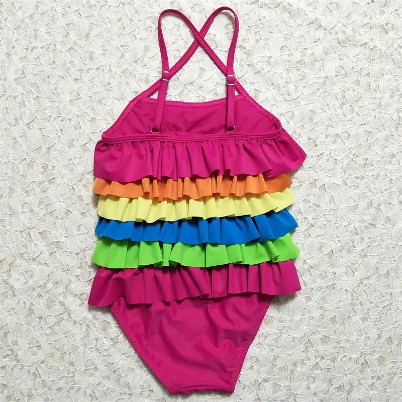 Купальник для девочек детская корейская мода 2018 Цельный купальник радужной