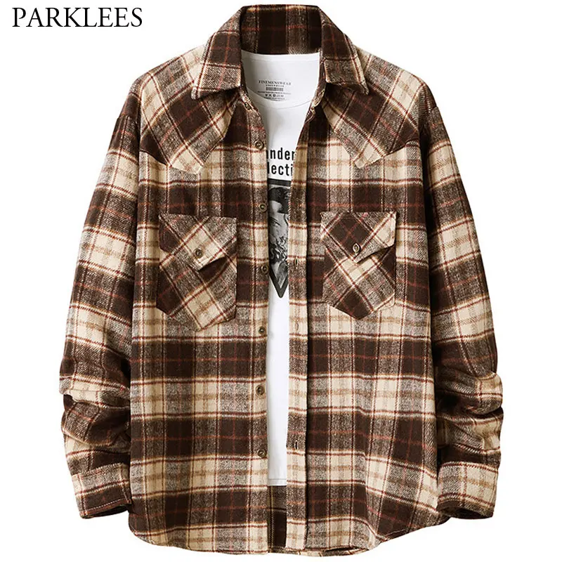 

Фланелевая рубашка в клетку для мужчин, Повседневная винтажная уличная одежда