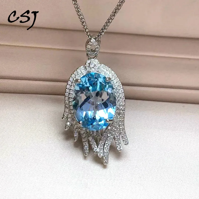 CSJ Natural Blue Topaz Pendant 925 Sterling Silver Gemstone Oval 12*16mm 12ct Necklace Jewelry for Women Lady Wedding Party Gift