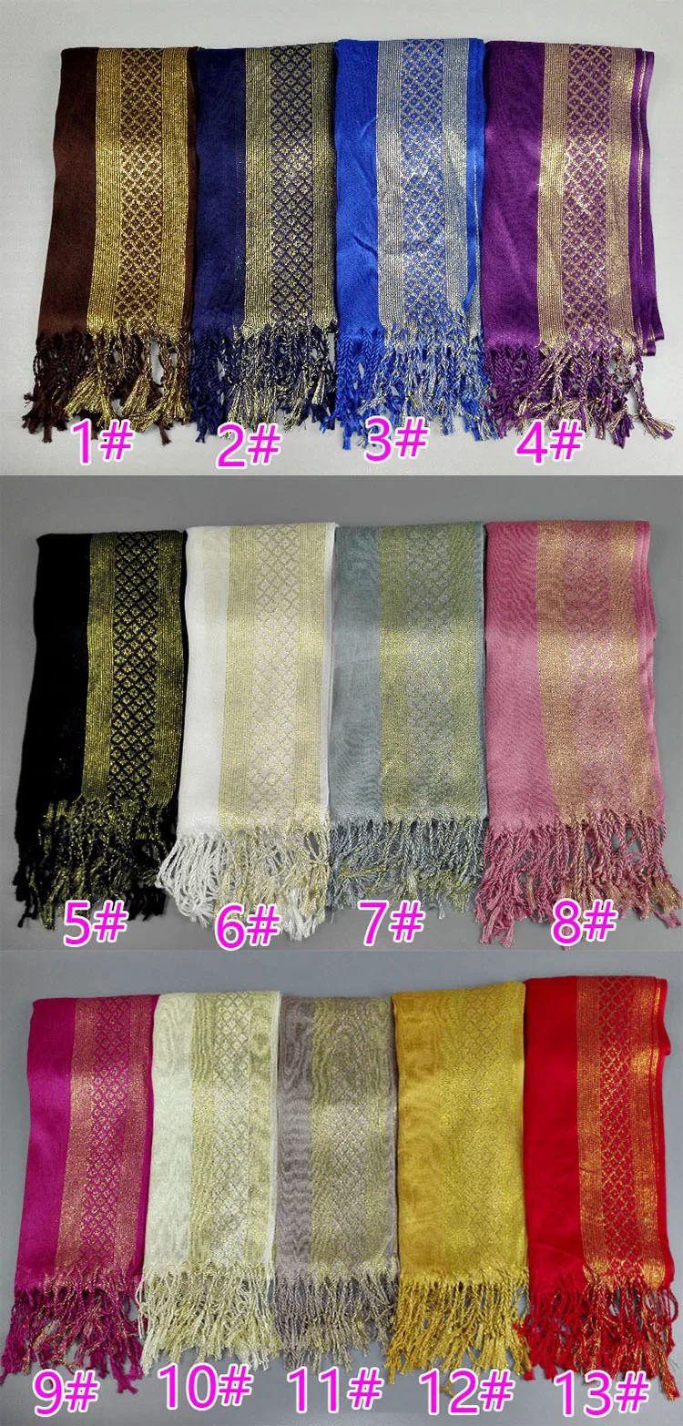 Cotton Lady Scarf Islamic Hot Sale Golden Thread Headband 16 Colors Scarves Women Soft Shawl Tassel Wrap
