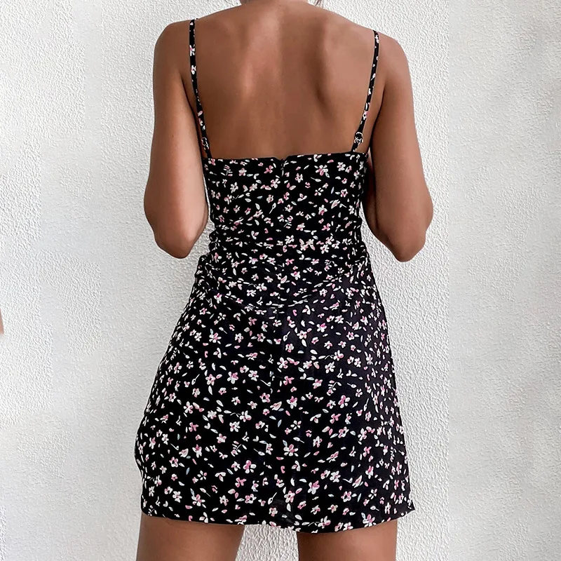 

2021 Summer Black Floral Mini Dress Chiffon Spaghetti Strap V Neck Backless Sundress Vacation Club Party Night Tight Bodycon