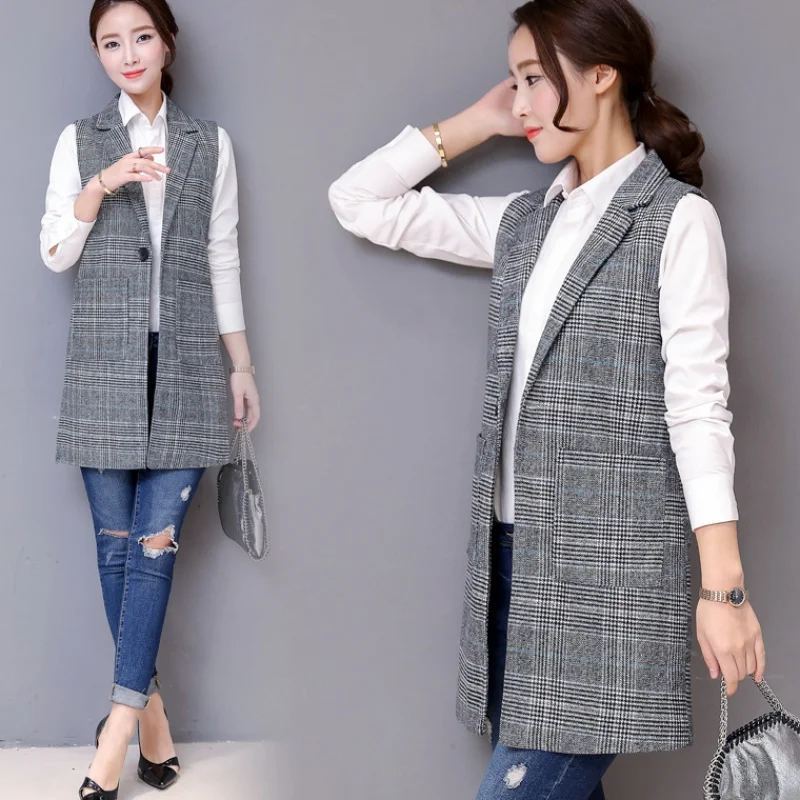 Oversize XXXL Fashion Women Casual Turn-down Collar Plaid Long Pocket Blazer Outwear Slim Quality Elegant Office Clothing Autumn