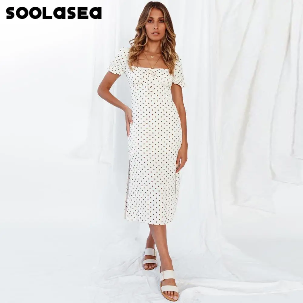 

Soolasea 2021 New Tie Up Slash Neck Dot Print Midi Dress Women Holiday Casual Summer Puff Sleeve Ladies Split Dresses Vestidos