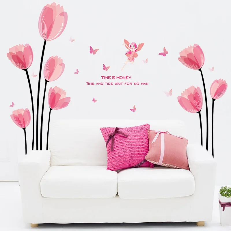 Настенные наклейки с розовыми цветами тюльпана красивые бабочки домашний