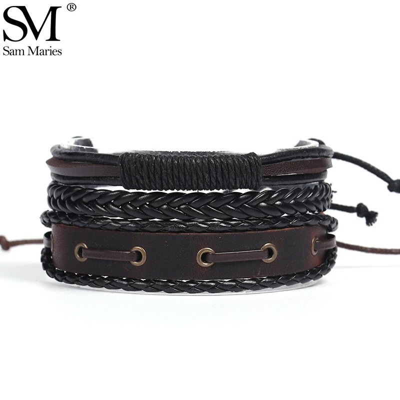 Набор плетеных кожаных браслетов ручной работы 3 шт. регулируемые Многослойные