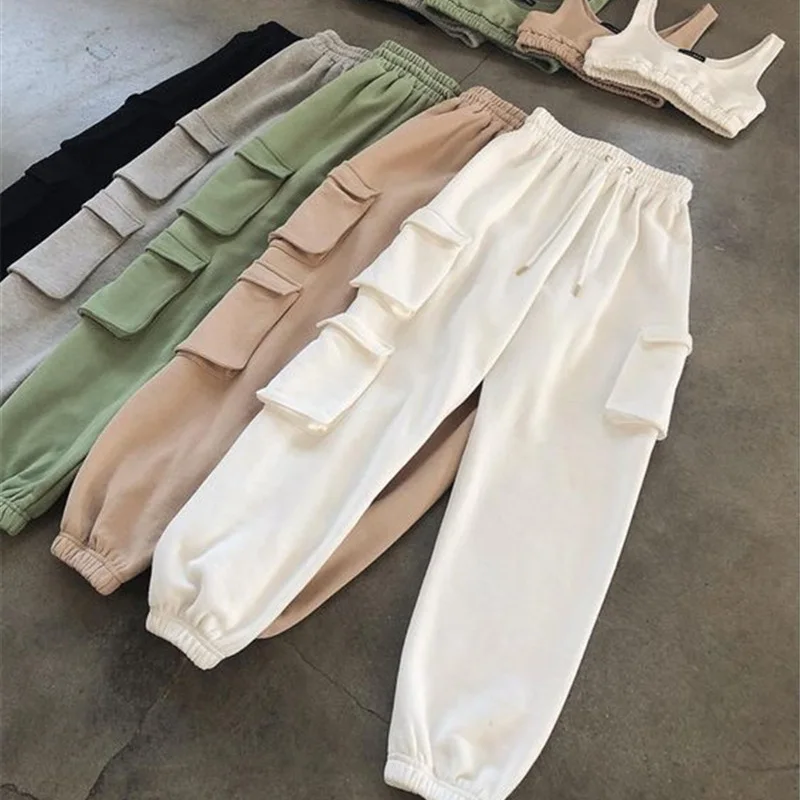

2021 Fall Spring Vintage Patchwork Joggers Sweatpants Harajuku Woman Trousers Elastics High Waist Solid Color Pants