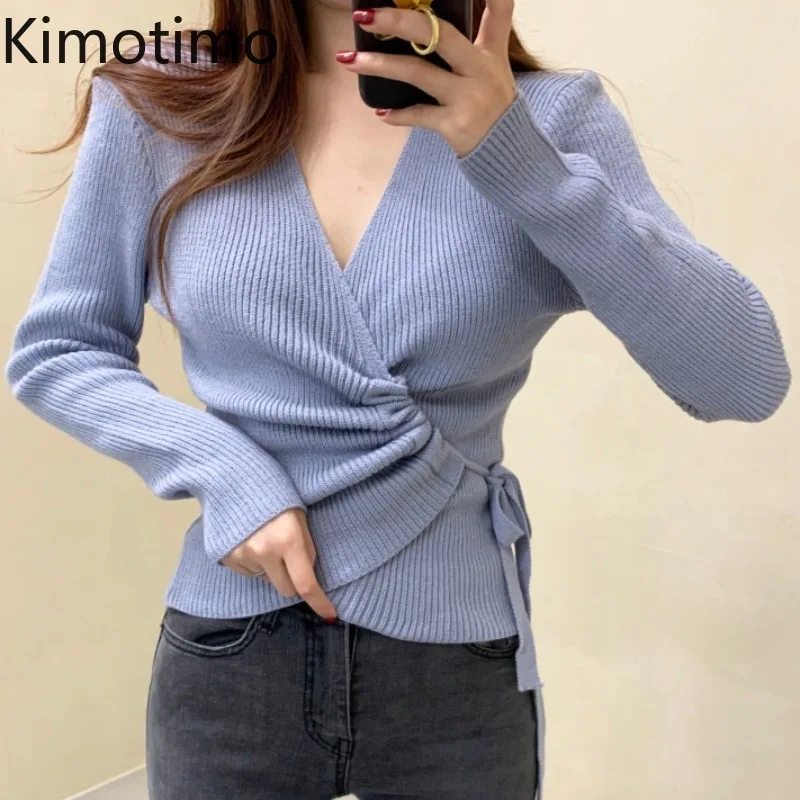 

Kimotimo V Neck Knit Sweater Women Autumn Design Folds Belt Cardigan Korean Chic Simplicity Long Sleeve All-match Pullover Ins