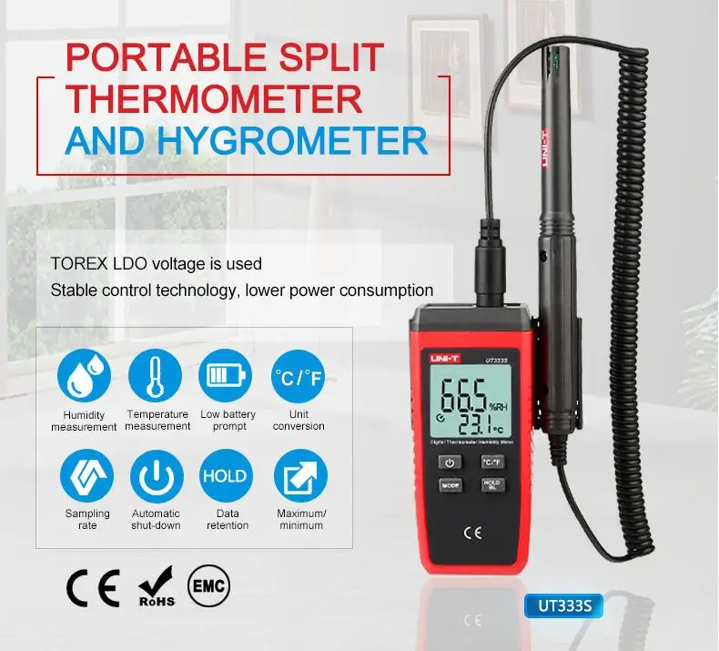 UNI-T UT333S Mini Temperature Hygrometer Sensor LCD Digital Thermometer Indicates LCD Backlight