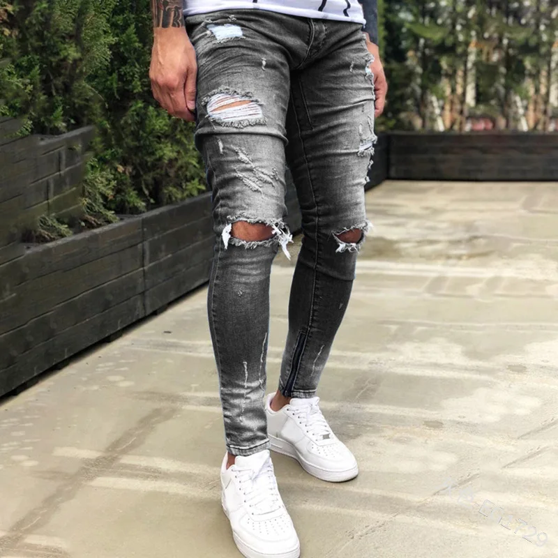 

2020 fashion hole jeans men's leg zipper Leggings