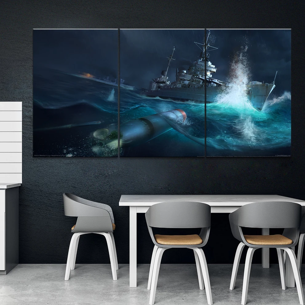 Домашний декор Модульная картина из холста 3 предмета мир военных кораблей игра