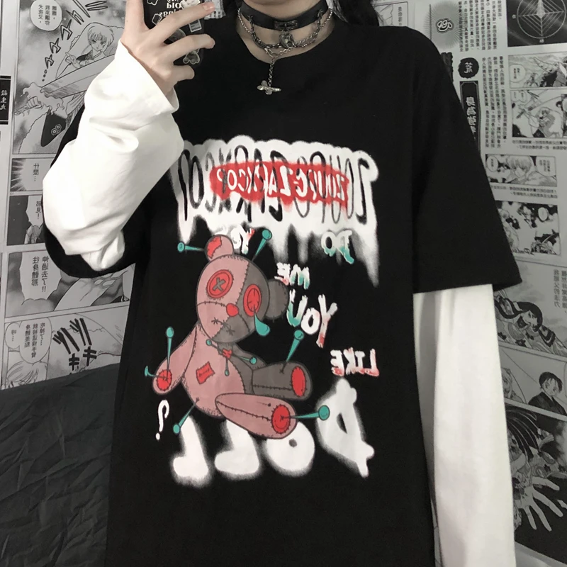

Korean Gothic Harajuku Loose T-Shirt Summer Female Retro Dark Long-Sleeved Oversized T-Shirt Kawaii Top Hip-Hop Streetwear
