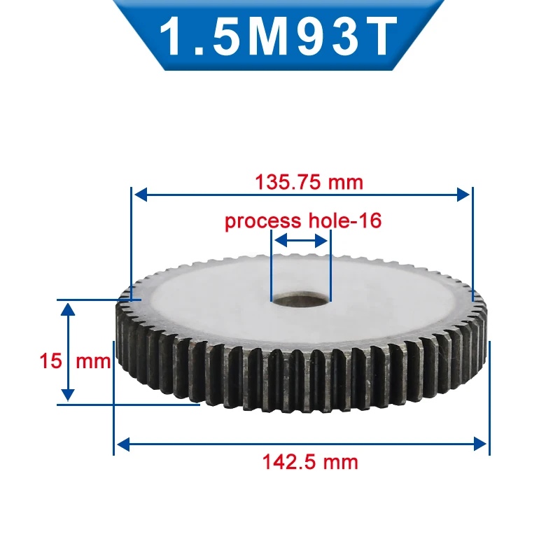 

1 Piece 1.5M Spur Gear 93/94/95/96 Teeth 16 mm Process Hole Pinion Gear Low Carbon Steel Material Flat Gear Total Height 15 mm