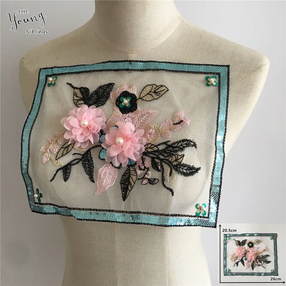 3D Цветочная вышивка аппликация Тюлевая кружевная ткань с блестками отделка