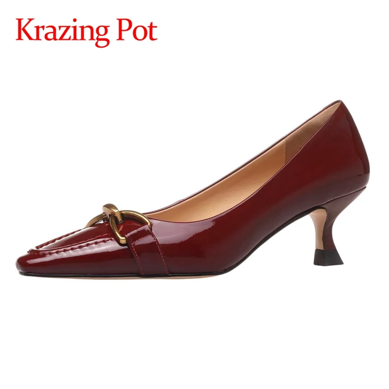 

Krazing Pot cow leather sqaure toe high heels metal decorations three colors beauty lady dating slip on classic women pumps L36