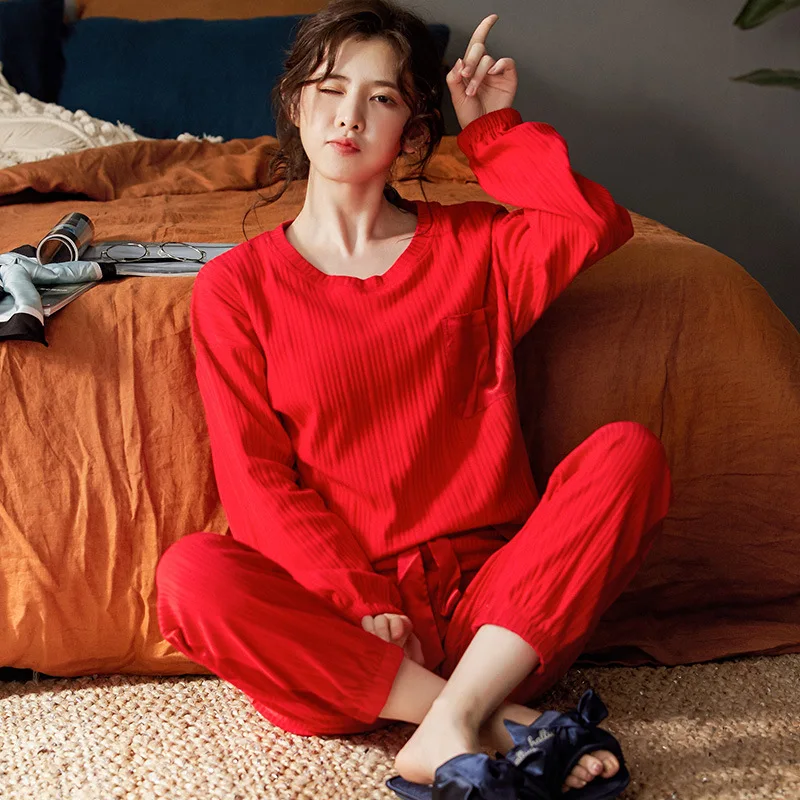 

Little Daisy Pajamas Women Spring Autumn Pure Cotton Long-sleeved Striped Plaid Patchwork Pajama Korean Cute Yellow Home Suit