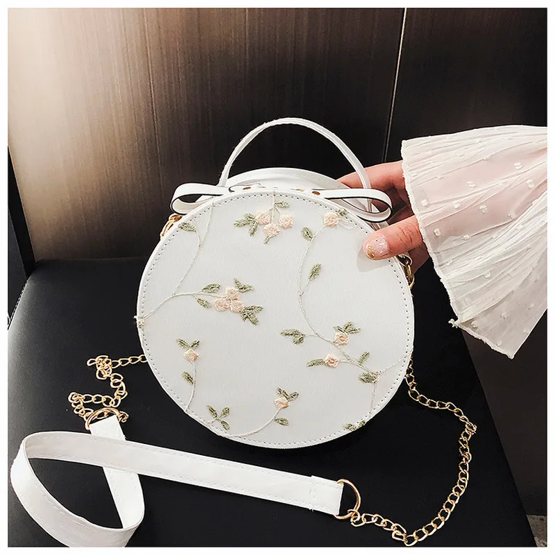 

Fashion Lace Women's Small Round Bag 2021 Literary Chinese Style Shoulder Bag Embroidery Zipper Diagonal Bags Mobile Chain Bag