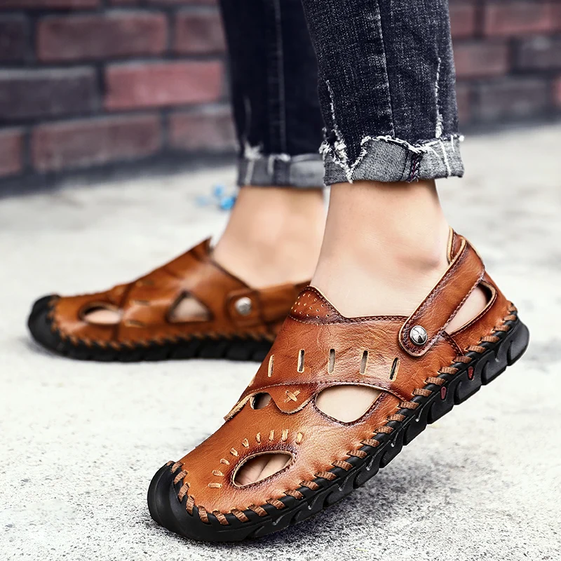 

man casual shoes 2021 summer Leather sandals Breathable men flats slip on loafers male shoes beach sandals Driving plus 39-48