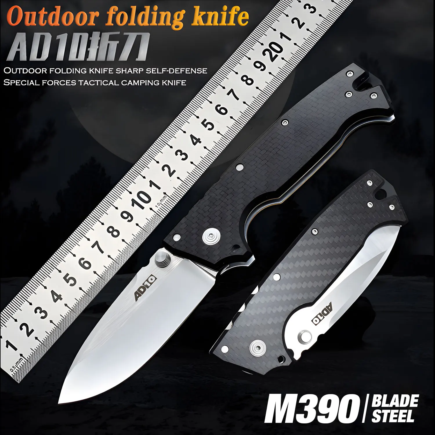 

New AD10 Folding Knife M390 Steel Blade Carbon Fiber Handle Outdoor Camping Hunting Tactical Rescue Portable Edc Tool Knives