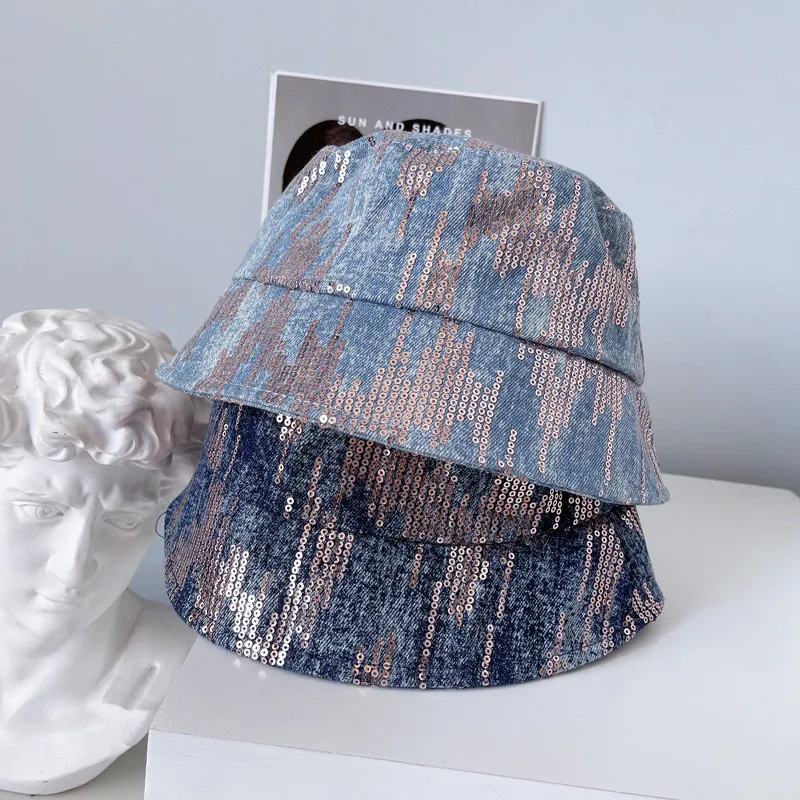 

202107-XX new autumn Meteor shower sequins Fashion denim fabr lady bucket cap women leisure hat