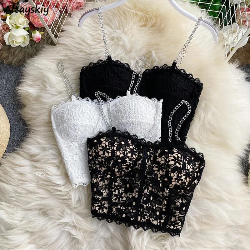 

Camisole Women Solid Sexy Ladies Korean Style Popular Lace Design Chic Newest Hot All-match Off Shoulder Inside Minimalist Tops