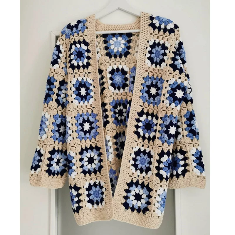 

Khaki Crocheted Cardigan Evil Eye Sweater Afghan Coat Colorful Patchwork Boho Cardigan Granny Square Clothing Cute Knitwear