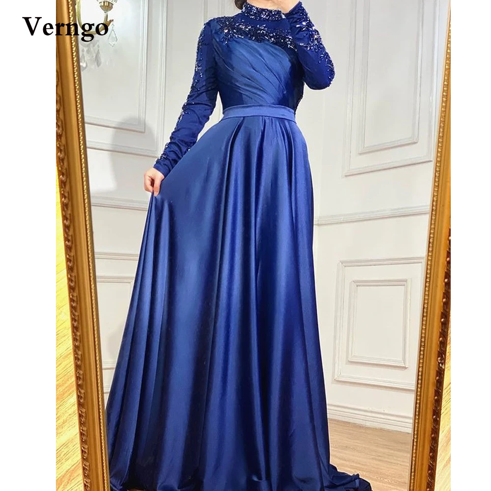 

Verngo Modest Royal Blue Satin Evening Dresses Long Sleeves Appliquqe Crystal Saudi Arabic Women Formal Prom Gowns Middle East