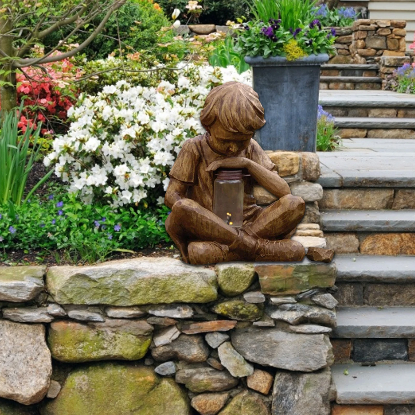 

Carved Wood Look Resin Statue Prodigy Statue Garden Decor Resin Crafts Light Little Boy W/ Solar Lighted Fireflies In Jar Garden