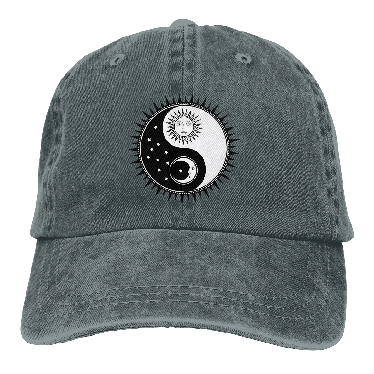 Мужская бейсболка Инь Янь однотонная промытая хлопковая с лицом солнца Луны