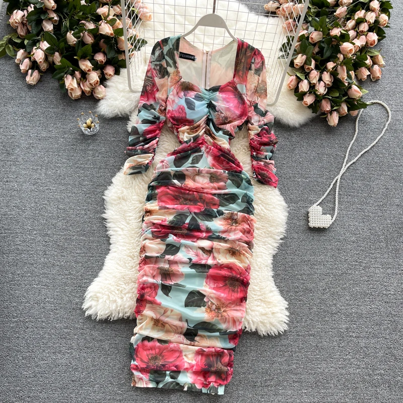 

Spring Summer Elegant Boho Floral Bodycon Dress Midi Slim Women Frill Plus Size Club Party Vestidos 2021 New