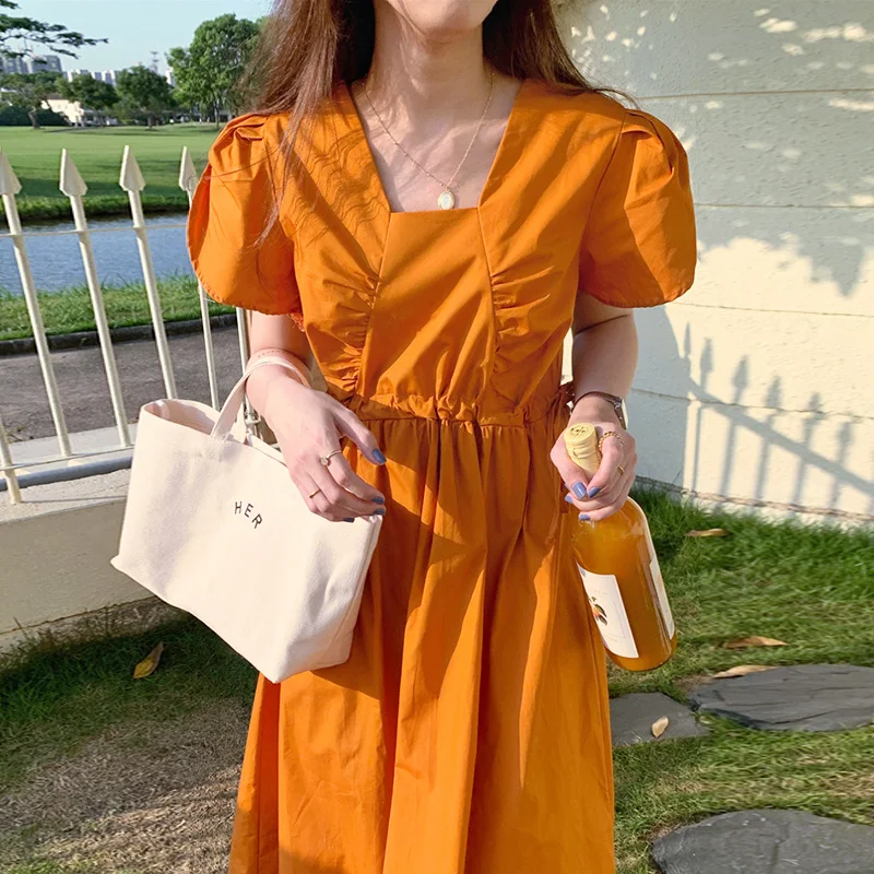 

Korean Chic Orange Dress White Square Neckline Dress Woman Pleated Drawstring Design for Women