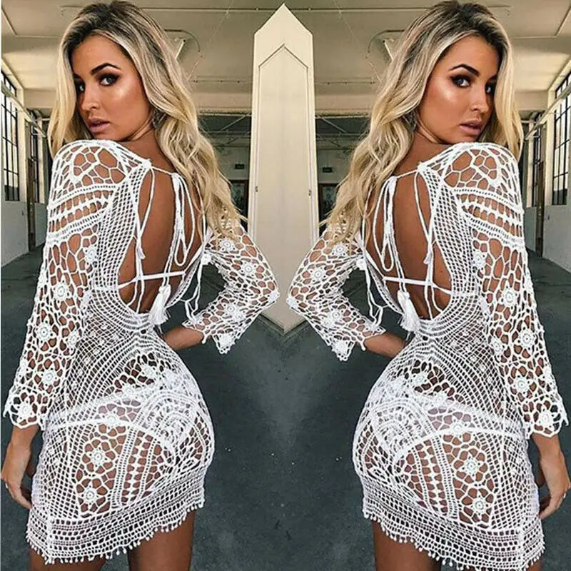 

Swimwear Cover Up Women White Lace Tunic Beach Dress Clothing Backless Bathing Suit Crochet Bikini Swimming Beach Wear