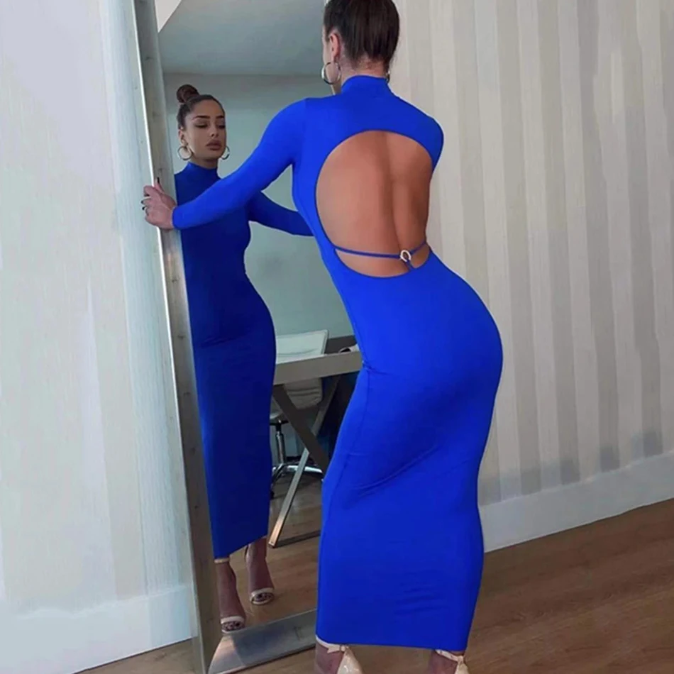 

2022 New Women Winter Sexy Turtleneck Blue Long Sleeve Backless Midi Bodycon Bandage Dress 2022 Elegant Club Evening Party Dress