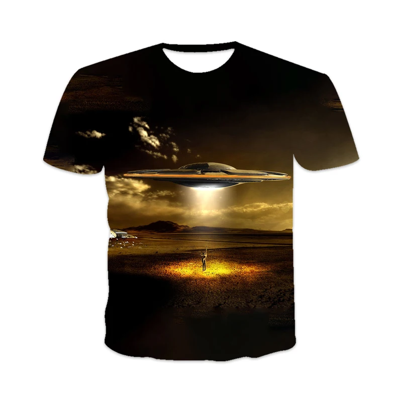 

UFO series 2021 New men's Short Sleeve T-Shirt 3D printing Unidentified aircraft pattern design Summer casual T-shirt
