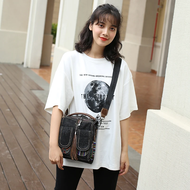 

Denim Leather Women's Bag Vintage Tassel Bolsos Mujer De Marca Famosa 2020 Large Capacity Double Shoulder Bag Tote Handbag