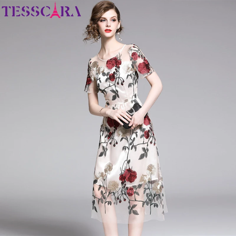 TESSCARA женское летнее стильное платье Цветочная вышивка с сеткой элегантное