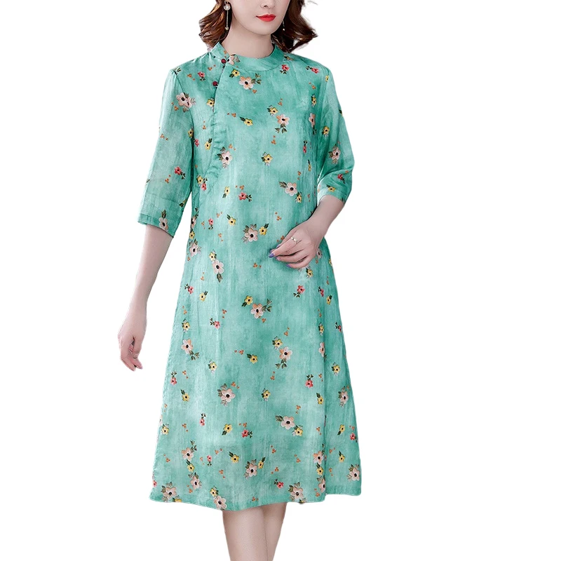 

2021 Casual Loose M- 4XL Plus Size Dress Summer Vintage Floral Ramie Chinese Style Midi Dress Women Elegant Party Vestidos
