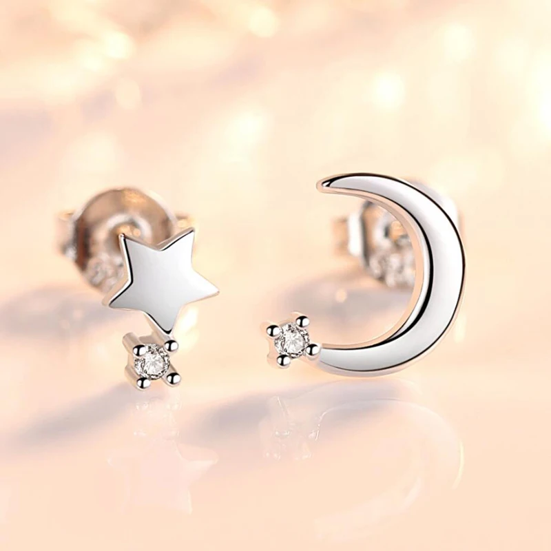 

KOFSAC Shiny Zircon Asymmetry Star Moon Stud Earrings For Women Fashion Jewelry 925 Sterling Silver Earring Girl Birthday Gifts