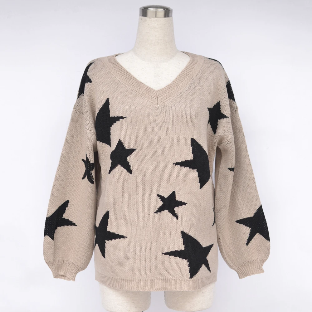 Женские повседневные пуловеры с принтом звезды длинный рукав круглый вырез