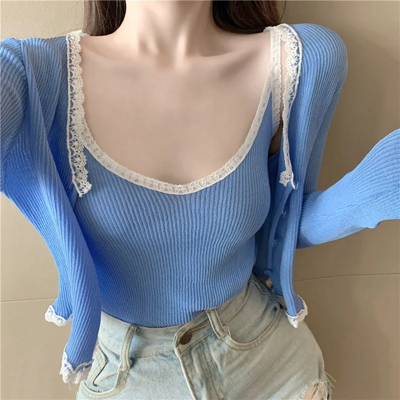 

WOMENGAGA Summer Korean Blue Women Splicing Lace Screw Thread Two-piece Long Sleeve Cardigan + Slim Camisole Tops N29U